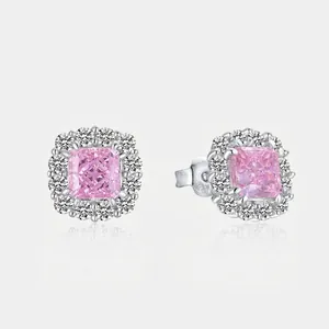 Luxury 925 Sterling Silver Pink Zirconia Halo Stud Earrings Square Cut Design For Elegant Women Jewelry Gift