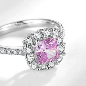 Elegant S925 silver halo ring with cushion cut pink high carbon diamond and micro-pave