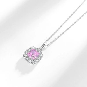 S925 sterling silver halo necklace with a square pink high carbon diamond pendant