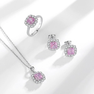 S925 sterling silver jewelry set with princess cut pink gemstones and halo diamonds