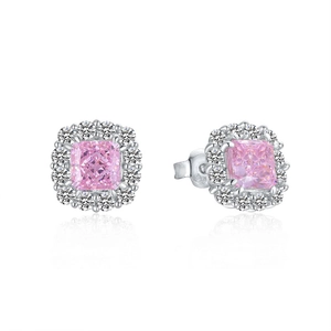 Luxurious S925 sterling silver stud earrings with pink square-cut stones and halo diamonds