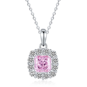 S925 sterling silver necklace featuring a square cut pink ice flower carbon diamond pendant
