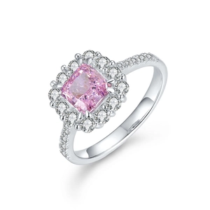 Elegant S925 silver halo ring with radiant cut pink gemstone and pavé diamonds