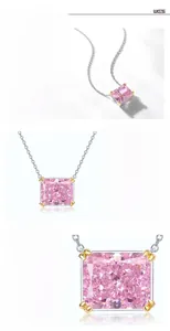 Detail of pink princess-cut high-carbon diamond pendant with S925 silver gold-plated chain