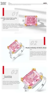 Detail of pink square-cut carbon diamond ring set in S925 silver with gold plating