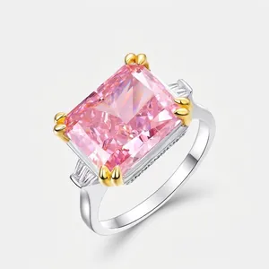 Luxury 925 Sterling Silver Pink Rectangular Rhinestone Ring For Women Gold Silver Plated Elegant Geometric Finger Jewelry Wedding Party Gift