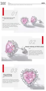 Détails macro de boucles d'oreilles cœur rose en argent 925 avec sertissage en halo