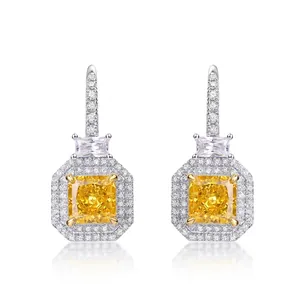 Boucles d'Oreilles Pendantes en Argent Sterling S925 Zirconia Jaune Taille Radiant Carré Halo Géométrique pour Femmes Bijoux de Luxe