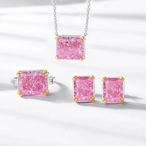 Pink high carbon diamond jewelry set with necklace, ring and earrings in silver and gold