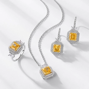 Parure de bijoux en argent S925 avec diamants jaunes taille radiant, collier et boucles