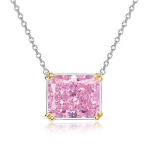 Exaggerated radiant cut pink carbon diamond necklace with two-tone silver and gold setting