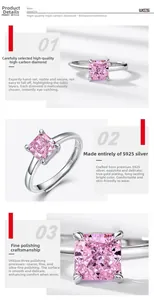 Gros plan détaillé d'une bague en argent S925 avec un diamant rose de taille coussin en carbone