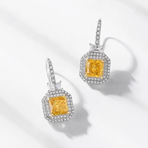 Boucles d'oreilles carrées en argent S925 avec gemme jaune et cristaux blancs pavés