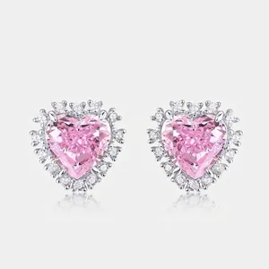 Boucles d'Oreilles Clous Cœur en Argent Sterling 925 pour Femme Boucles d'Oreilles Cœur Rose Strass Halo Bijoux Cadeau Élégant