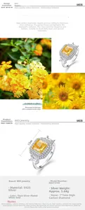 Détail macro d'une bague en argent S925 avec diamant jaune 7x7mm serti d'un halo
