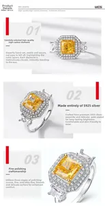 Gros plan d'une bague en argent S925 avec un diamant jaune taille radiant serti halo