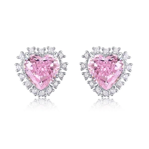 Boucles d'oreilles cœur rose avec halo en argent 925 et diamants à haute teneur en carbone