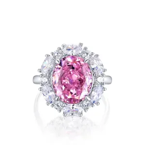 S925 Sterling Silver Pink Oval Rhinestone Cluster Ring For Women Elegant Luxury Sunflower Shape Halo Finger Ring Jewelry Gift