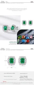 Detail of S925 silver emerald-cut green stone earrings with halo setting for women