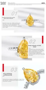 Detailed view of S925 silver ring featuring a pear-cut yellow carbon diamond setting