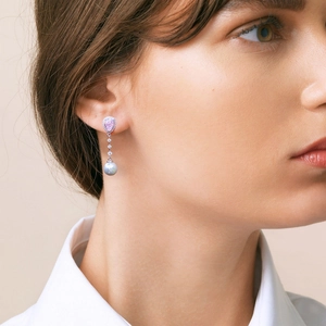 Elegant S925 silver drop earrings with pink pear-cut stone and white pearl pendant