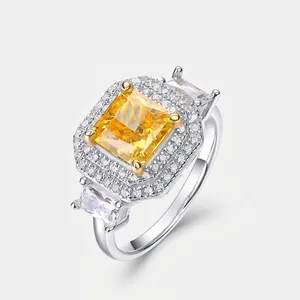 Bague Halo en Argent Sterling S925 Avec Strass Jaune pour Femme Élégante Bague Ouverte Ajustable Taille Carrée Bijoux de Mode
