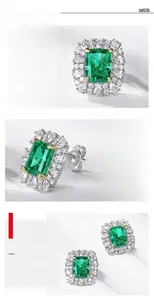 Macro view of S925 silver emerald green square earrings with radiant halo stones
