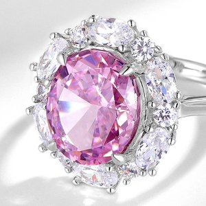 Exquisite S925 silver ring featuring a large oval pink diamond with double halo cluster