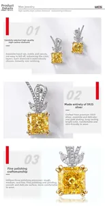 Macro details of square yellow ice-cut carbon diamond earrings in S925 silver