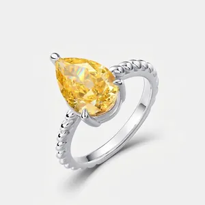 925 Sterling Silver Yellow Pear Cut Rhinestone Ring Elegant Twisted Rope Band Luxurious Fashion Jewelry Ring For Women