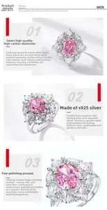 Detail of pink oval-cut carbon diamond ring with silver band and floral diamond halo