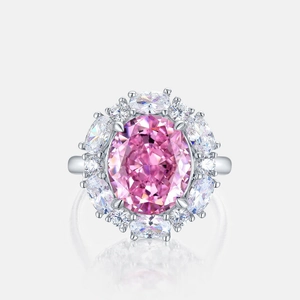 Luxury S925 silver ring featuring a large oval pink diamond centerpiece in sunburst design