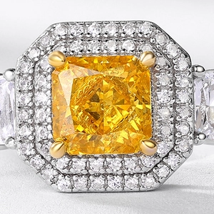 Bague halo jaune luxueuse avec pierre taille coussin et anneau en argent S925 pavé