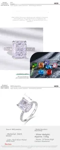 Detailed size specifications and S925 silver material chart for the square radiant cut ring