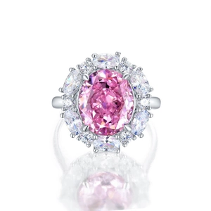 Sparkling S925 silver ring with large pink oval gemstone and cluster diamond halo