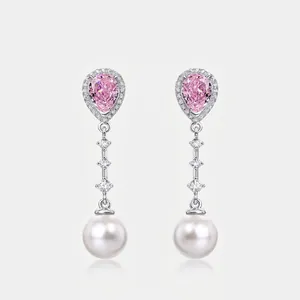 Pear Shape Pink High Carbon Diamond Drop Earrings S925 Sterling Silver Shell Artificial Pearl Earrings For Wedding Party Women Jewelry