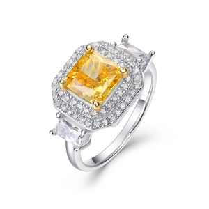 Bague ouverte en argent S925 avec pierre jaune taille coussin et halo de diamants chic