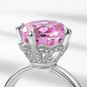 S925 sterling silver ring with 10x10mm pink cushion-cut gemstone and micro-pave diamonds