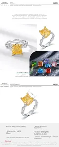 Detailed view of S925 silver ring featuring a 9x9mm yellow high-carbon diamond stone