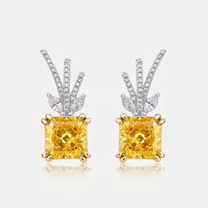 925 Sterling Silver Antler Stud Earrings Yellow Square Cut Zirconia Fashion Luxurious Inlaid Earring For Women Jewelry