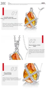 Close-up of S925 silver necklace with pear-cut orange stone and detailed prong setting