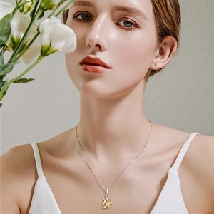 Luxury S925 silver necklace with pear-cut yellow gemstone and diamond halo on a model