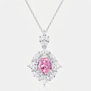 925 Sterlingsilber Rosa Strass Anhänger Ohne Kette Elegant Eisblumen-Schliff Geometrisch Schmuck Für Damen Geschenk