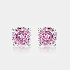 Orecchini a Bottone in Argento Sterling 925 con Zirconia Rosa per Donna Semplice Taglio Rotondo Brillante Gioielli
