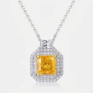 Collier Pendentif en Argent Sterling 925 avec Zirconia Jaune Coupe Radiant Double Halo Bijoux de Luxe Chaîne de Clavicule pour Femme
