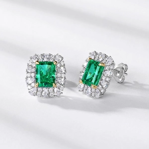 S925 silver emerald cut green stud earrings with halo cubic zirconia and 18K gold accents