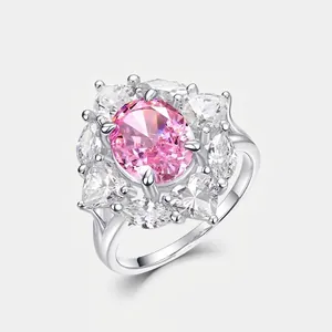 Pink Oval Zirconia Flower Cluster Ring 925 Sterling Silver Ice Flower Cut High Carbon Zircon Jewelry For Women Engagement