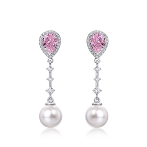 S925 silver drop earrings with pink pear-cut gems, diamonds, and white round pearls