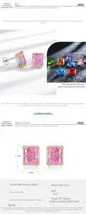Detail view of pink emerald-cut carbon diamond earrings with silver gold plating