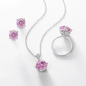S925 sterling silver jewelry set with pink round cut stones featuring ring, necklace and earrings